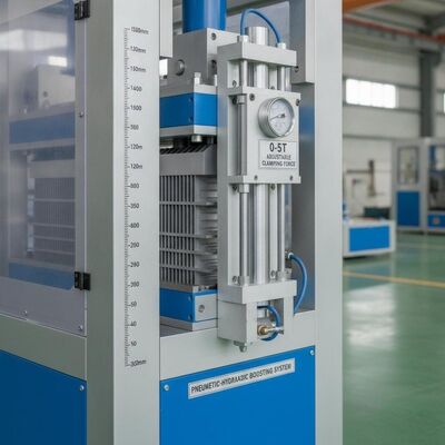 Macchina per l'assemblaggio del nucleo di scambiatori di calore a piastre e alettature con lunghezza del nucleo da 300-1300 mm, forza di serraggio regolabile da 0-5T e sistema di potenziamento pneumatico-idraulico